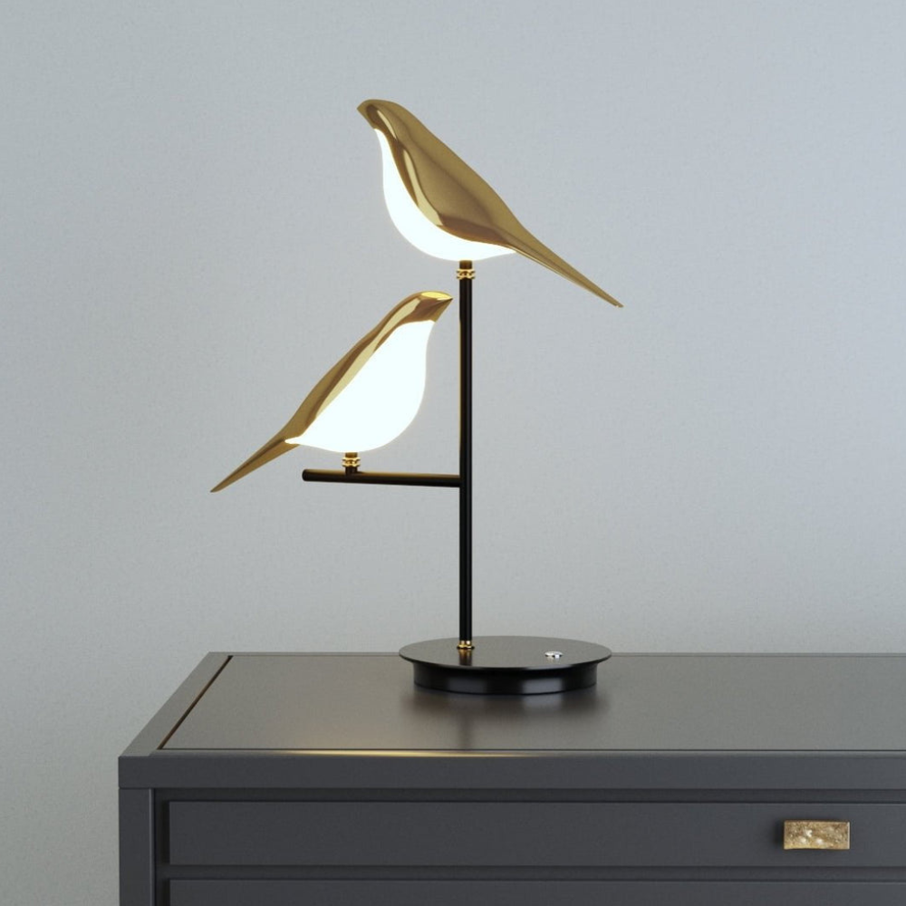 LED Bird Table Lamp with Dual Gold Post-Modern Fixtures - Warm Glow