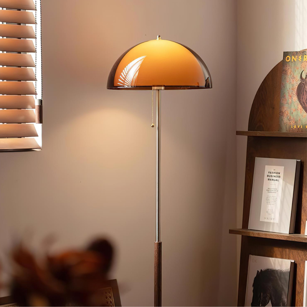 Torchiere Floor Lamp with Bi-Material Metal and Wood Stem with Acrylic Dome Shade