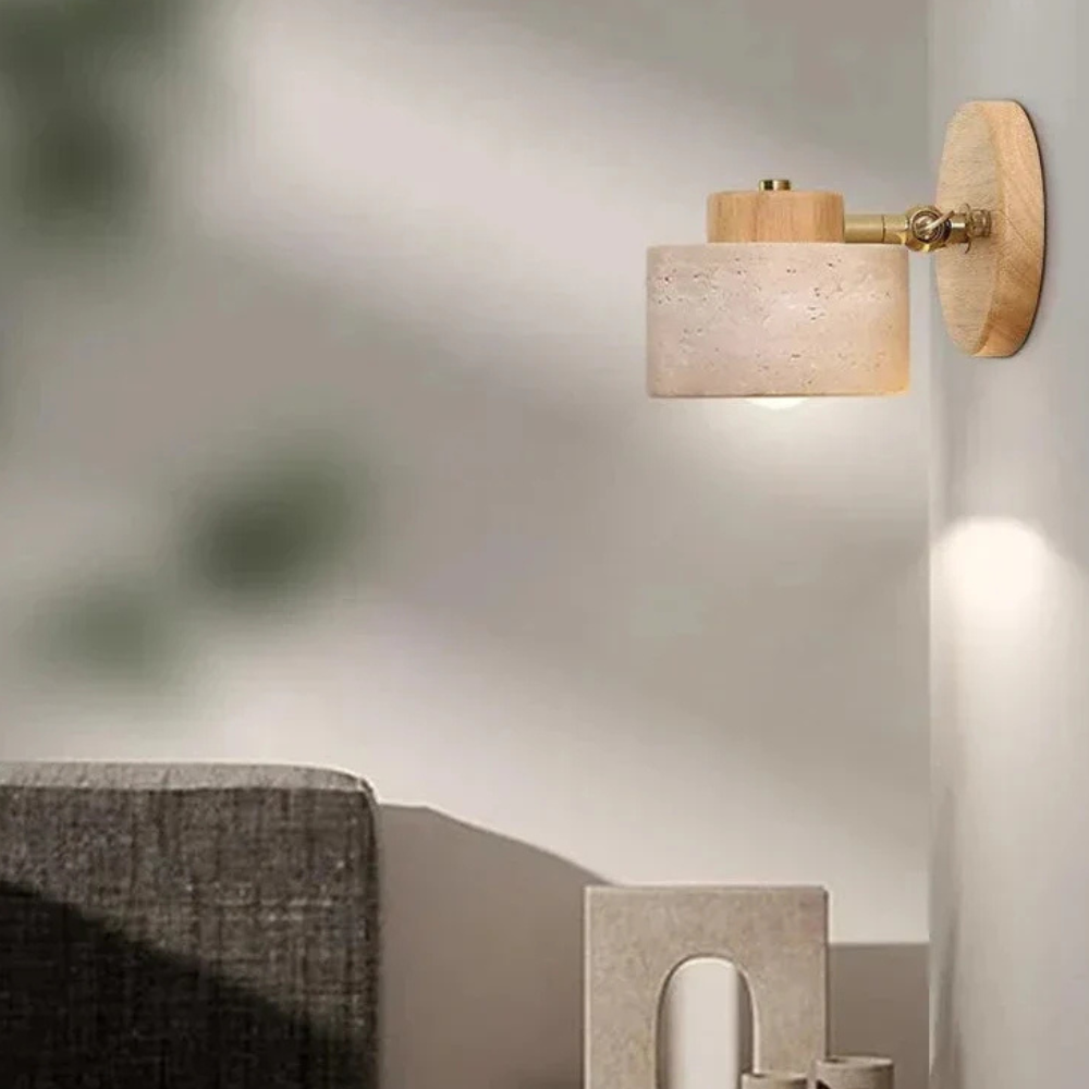 Architectural Adjustable Stone Wall Light - Minimalist Wood & Travertine Sconce