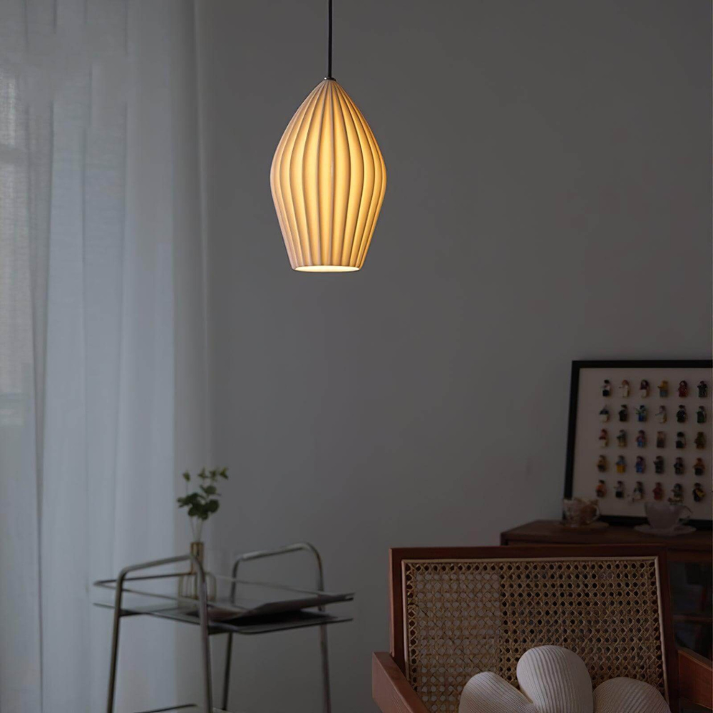 Ceramic Pendant Light with Ribbed Teardrop Shade - Modern Coastal