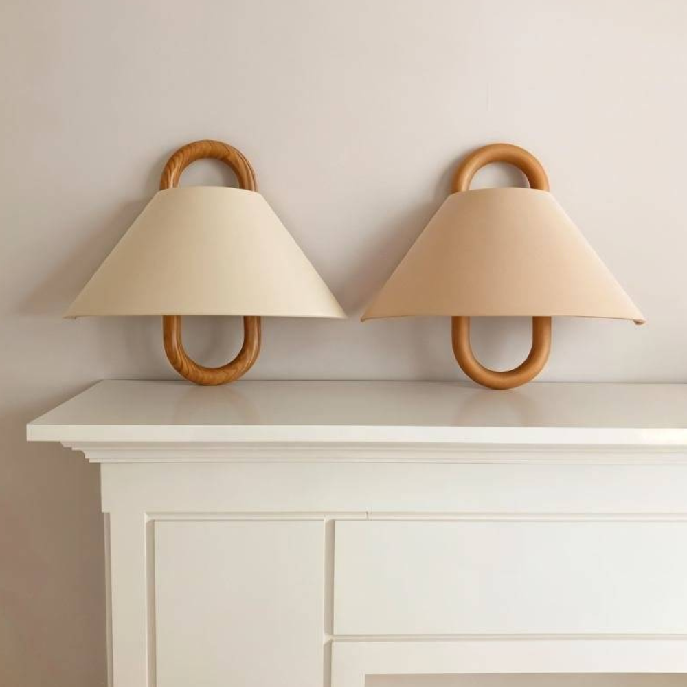 Wall Sconce with Tapered Fabric Shade - Modern Mid Century Wood