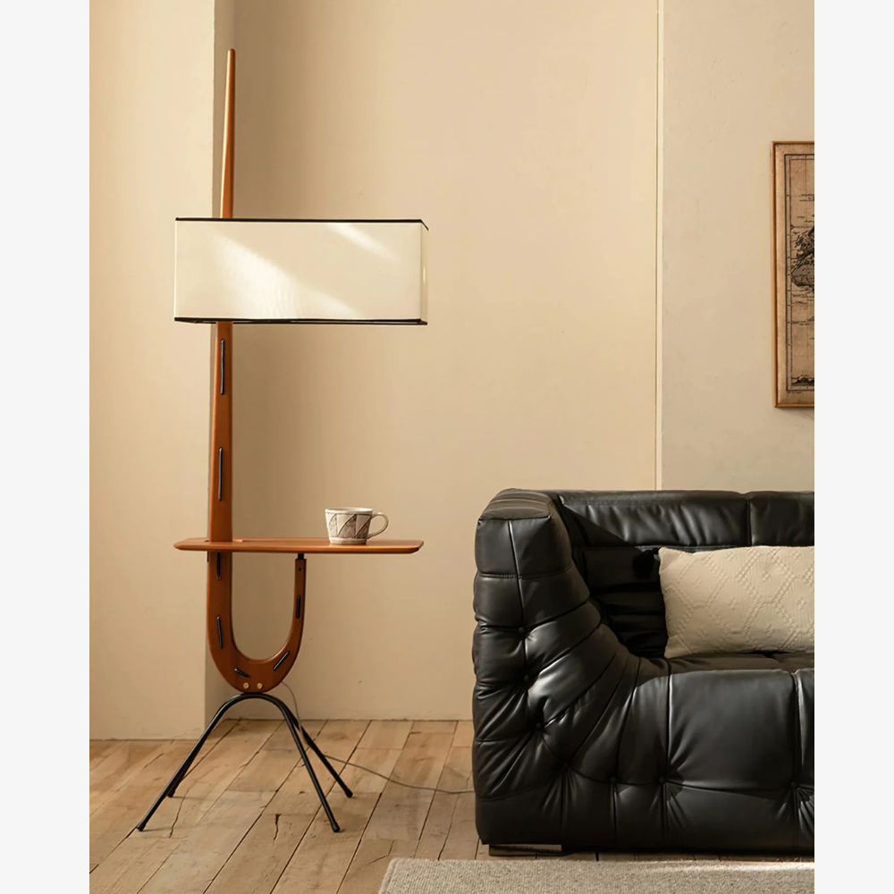Modern floor lamp with Integrated Shelf and Organic Wooden Frame - Mid-Century
