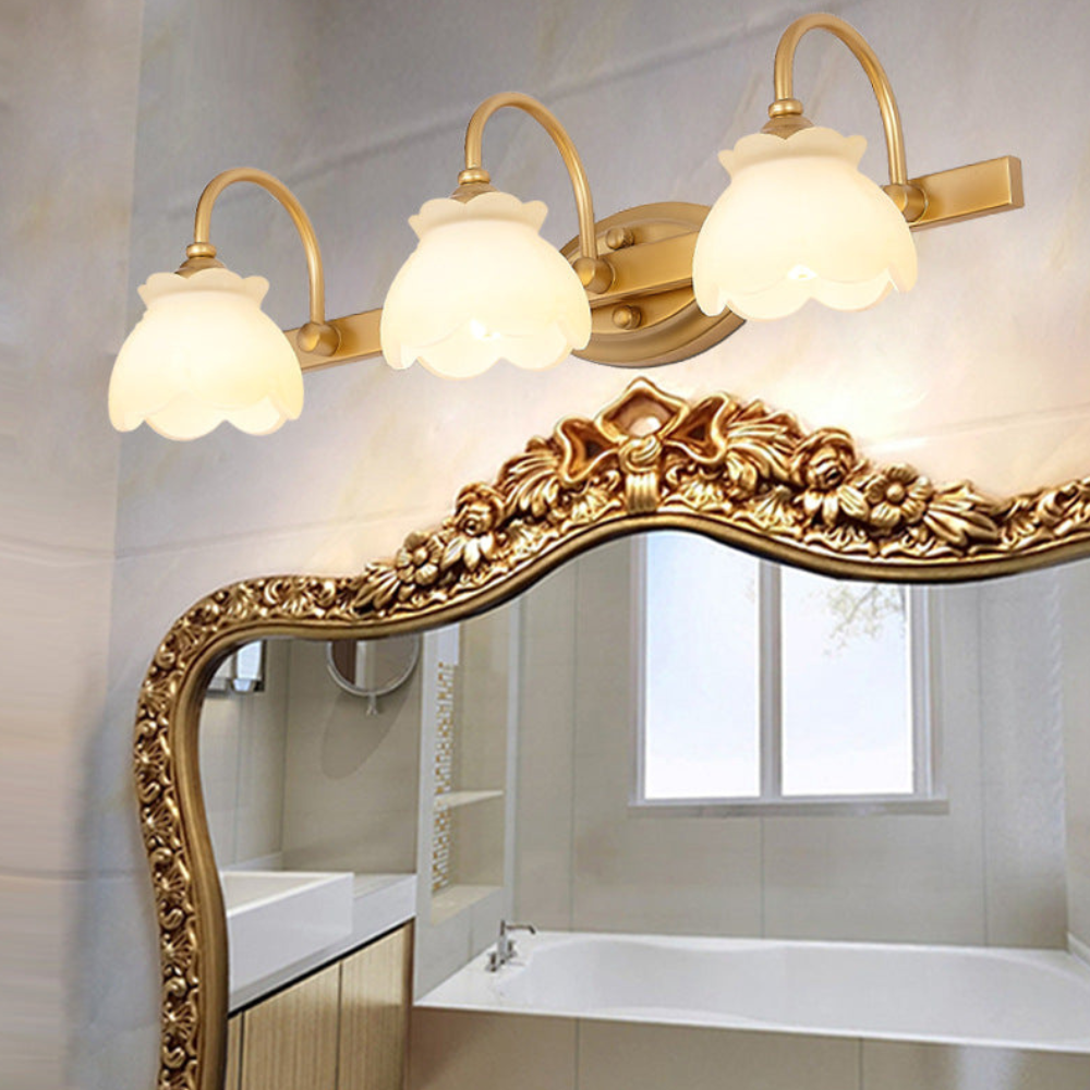 Bathroom lights above mirror with Arched Brass Arms and Frosted Glass - Colonial