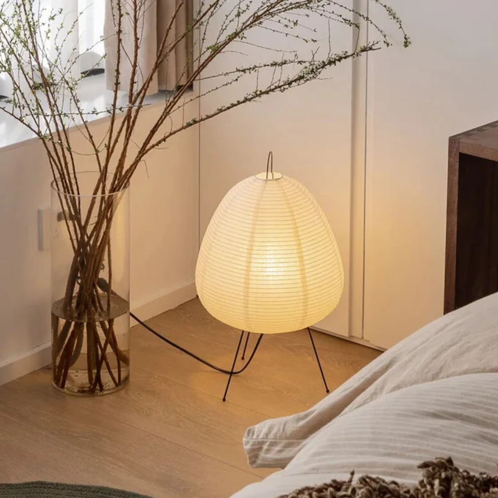 Paper Lantern Table Lamp with Tripod Metal Base - Mid Century Japanese