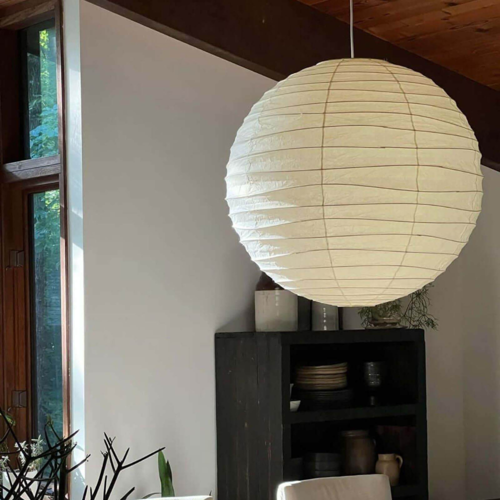 Spherical Ribbed Paper Hanging Fixture - Mid Century Modern Zen Style