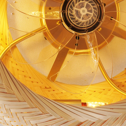 Flush Mount Ceiling Fan Light Woven Bamboo Shade - Coastal Boho Decor