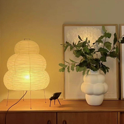 Japanese Rice Paper Table Lamp with Four Legs - Wabi Sabi Tiered Lantern
