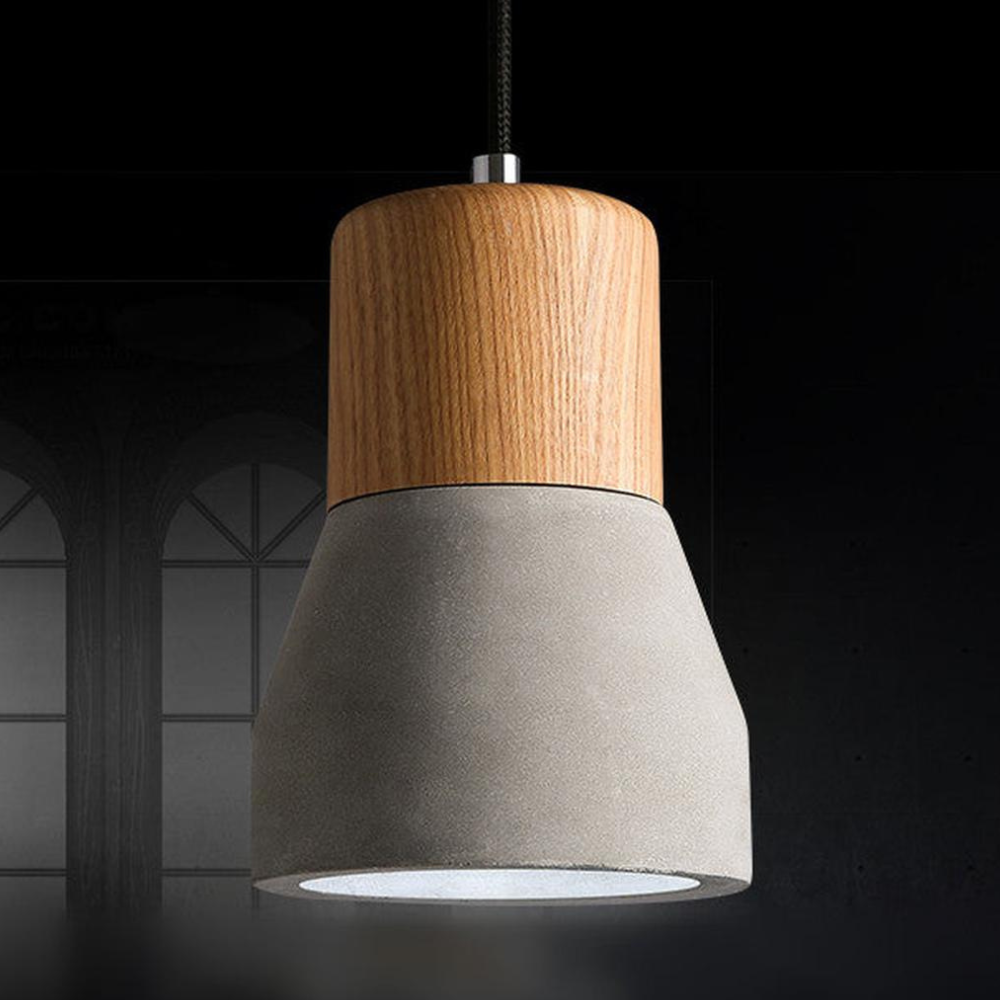 Modern Concrete & Wood Pendant Light - Nordic Industrial Timber Hanging Lamp