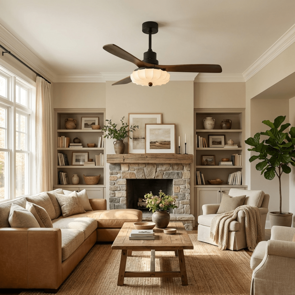 Deckenventilator mit Licht und handgefertigtem Lotus-Schirm aus Stoff – ruhiger moderner Stil