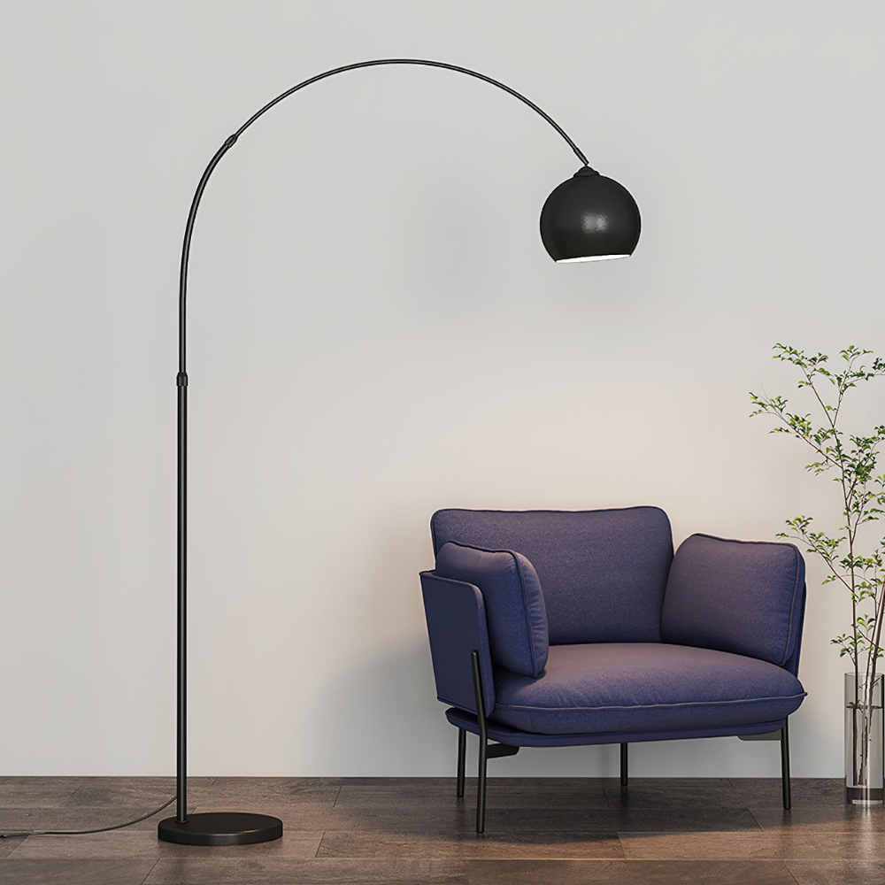 Bogen-Stehlampe mit kugelförmigem Metallschirm und Edelstahlgestell