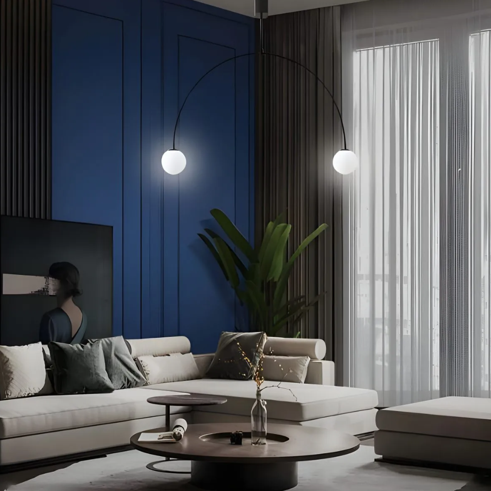 Lustre avec cadre métallique voûté et globes en verre - Moderne milieu du siècle
