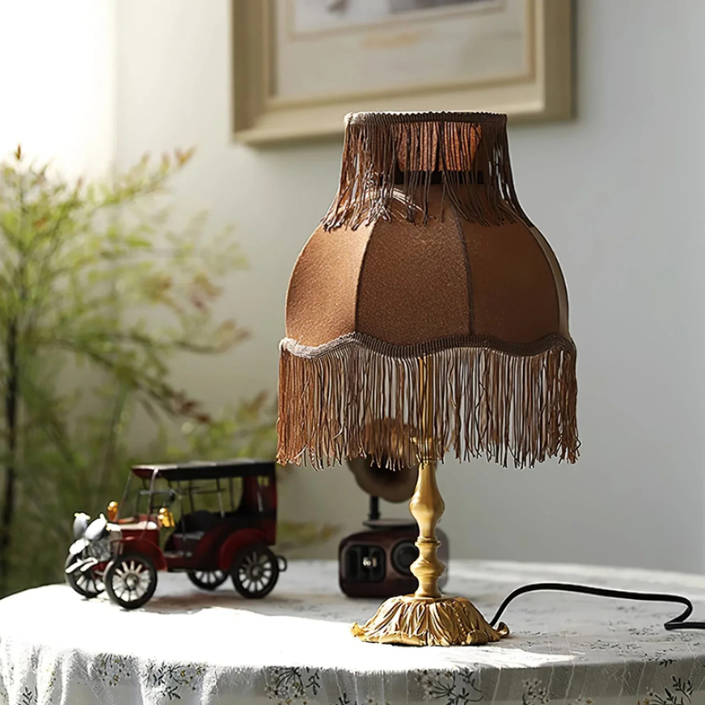 Table Lamp with Fringed Fabric Shade - Vintage Traditional Red