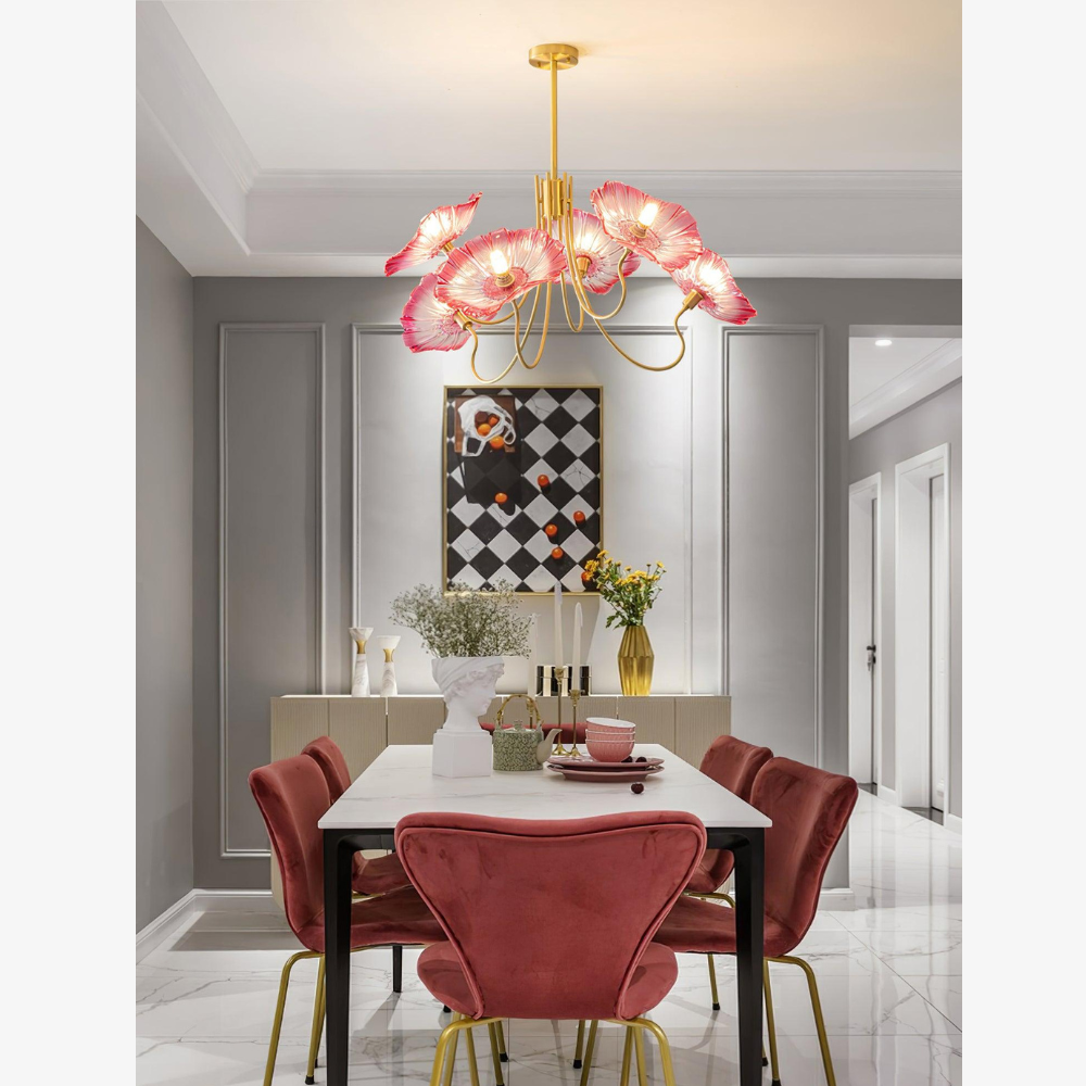 Chandelier with Flower Glass Shades and Gold Metal Frame - Modern Art Deco