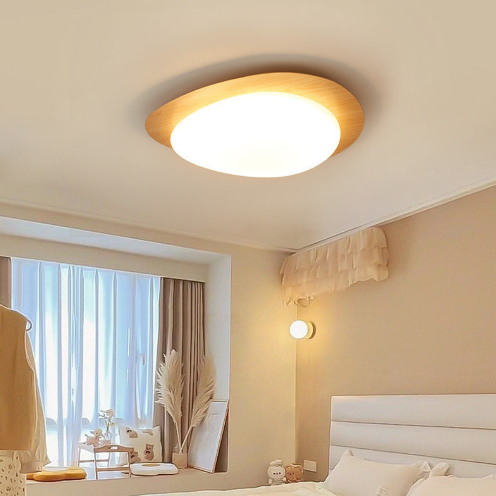 Flush Mount Ceiling Light with Wood Tone - Modern Scandinavian Pebble