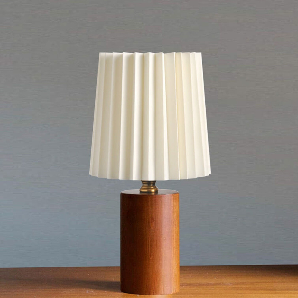Lampe de table en tissu plissé style milieu du siècle avec socle en bois