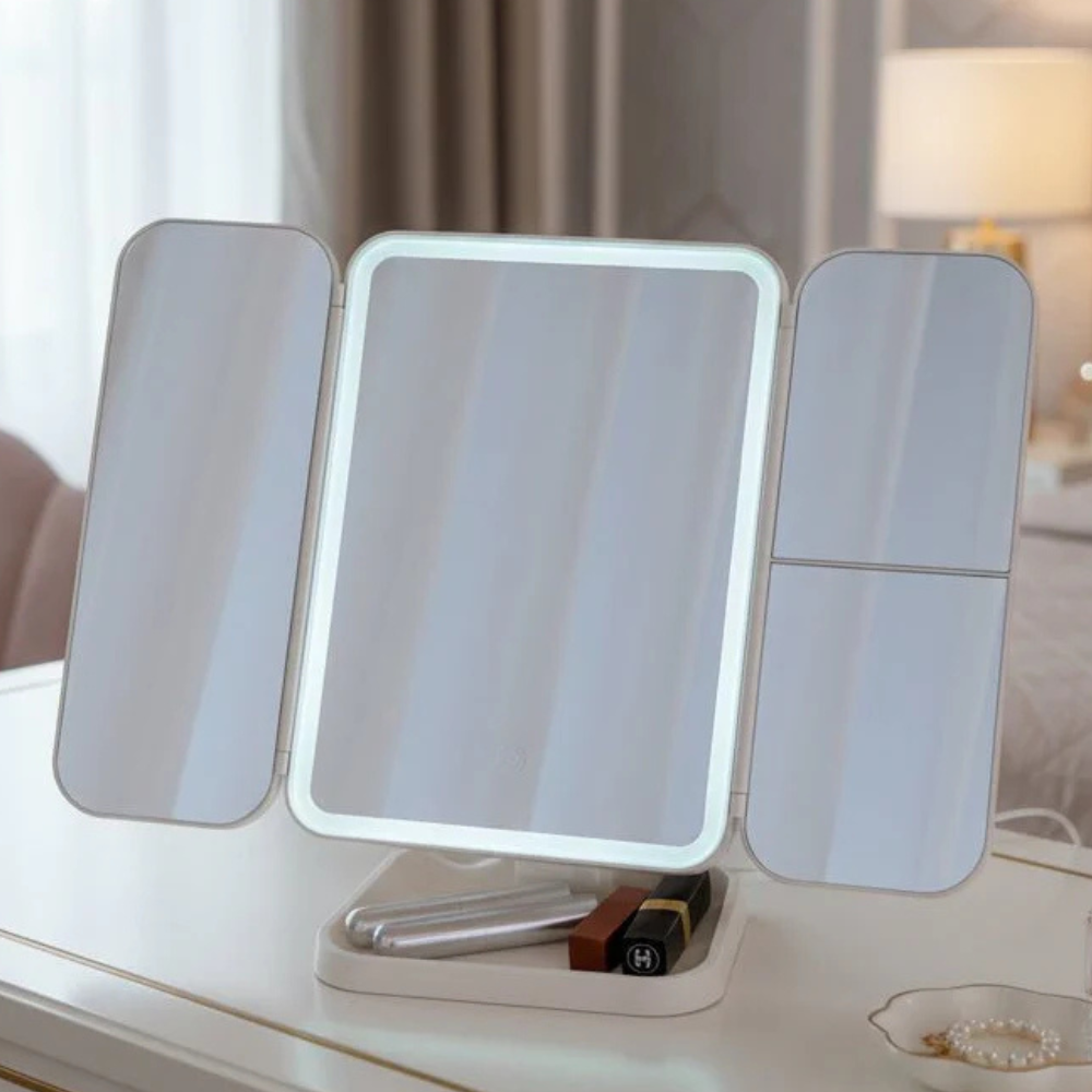 Led makeup mirror with Foldable Triple Panel Design - Modern Minimalist