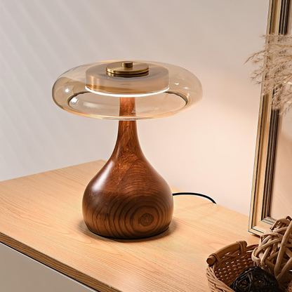 Mid-Century Modern Amber Glass and Walnut Wood LED Mushroom Table Lamp