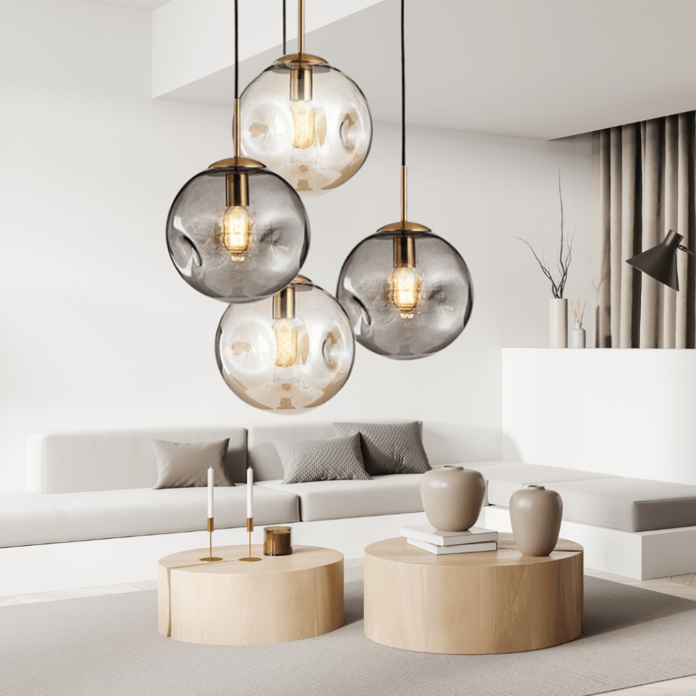 Indented Glass Globe Pendant Light - Smoky or Amber Tinted Orb