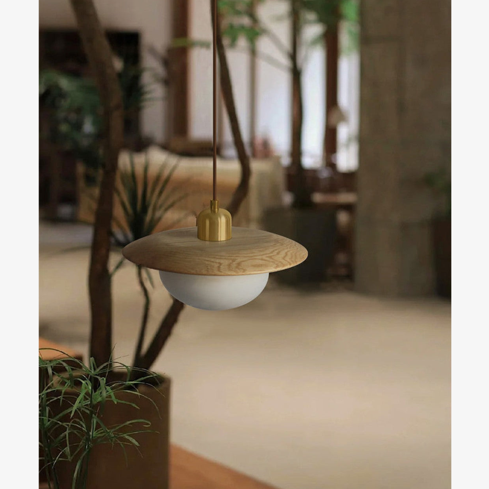 Moderne Pendelleuchte aus Kieselglas und Holz – Japandi Disk Pendelleuchten