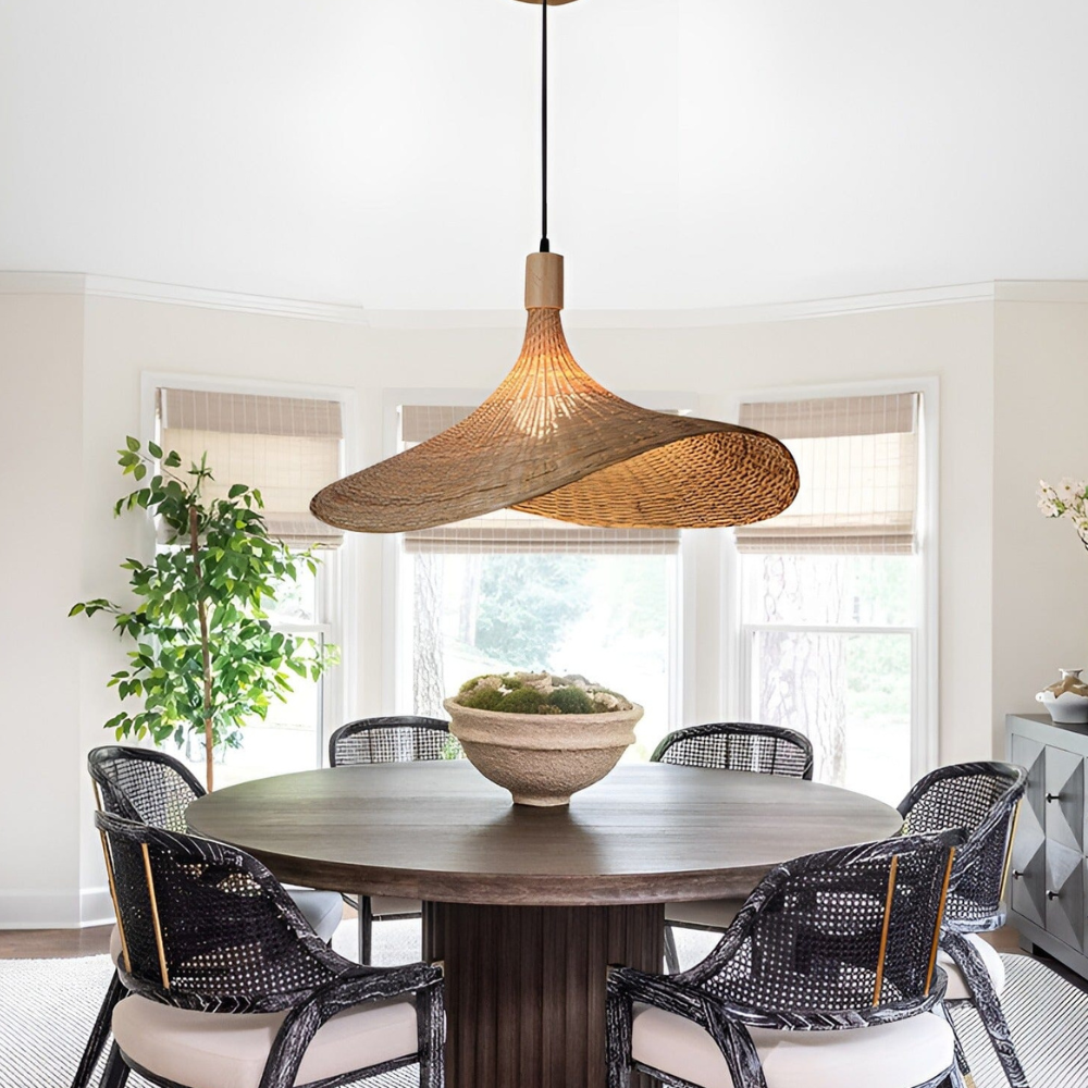 Woven Bamboo Sun Hat Pendant Light - Coastal Boho Decor