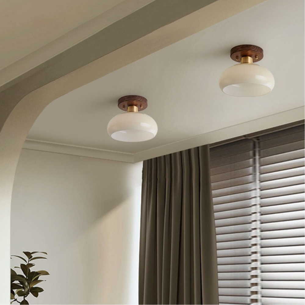 Flush Mount Ceiling Light with Glass Shade - Walnut Mid Century Modern