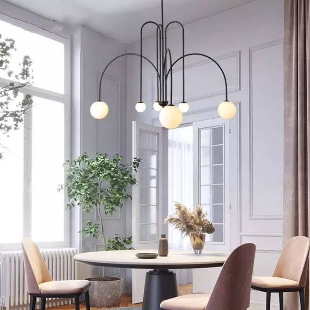 Chandelier with Arched Arms and Frosted Globes - Modern Mid Century