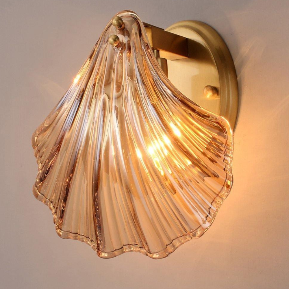Shell Glass Wall Sconce with Scalloped Ribbed Shade - Coastal Art Deco