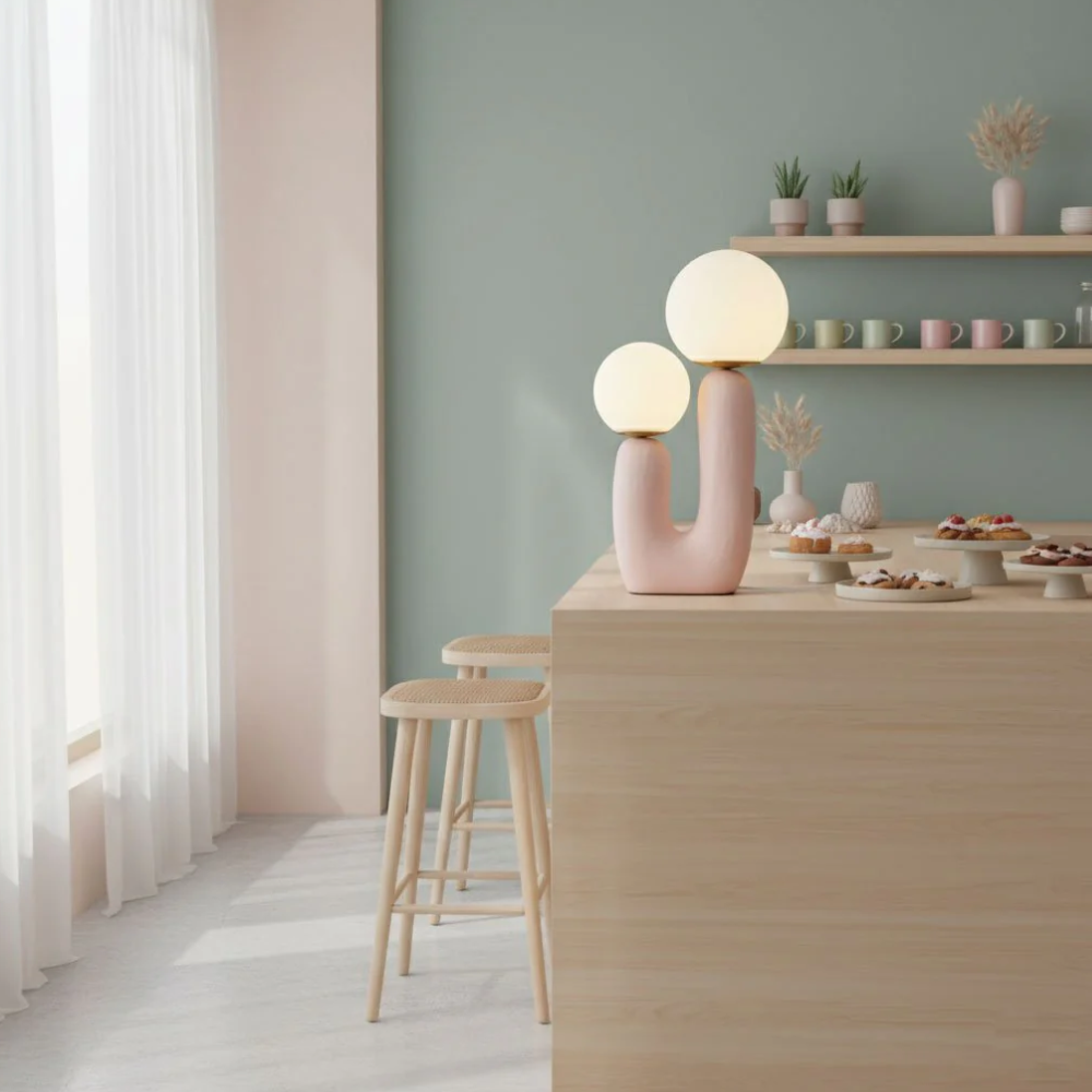 Lampe de table en résine en forme de U de style milieu du siècle avec deux globes en verre