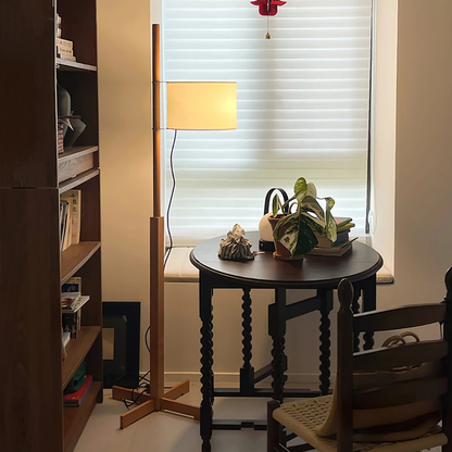 Vintage floor lamp with Fabric Shade and Artisanal Wooden Pole - Contemporary Sconce