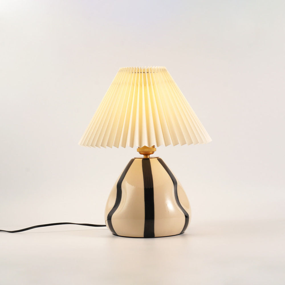 Table Lamp with Pleated Fabric Shade - Mid Century Modern Ceramic