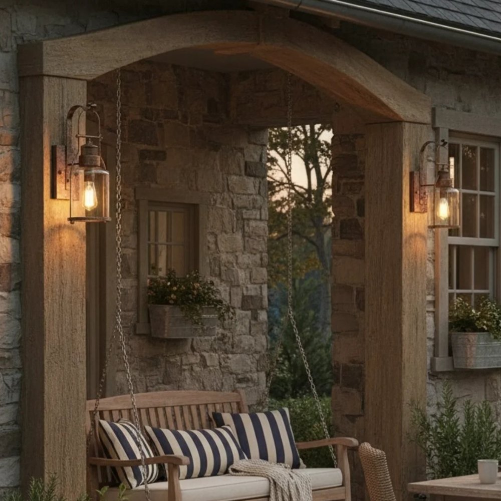 Permanent Outdoor House Lights with Clear Glass Jar Shade and Iron Arm