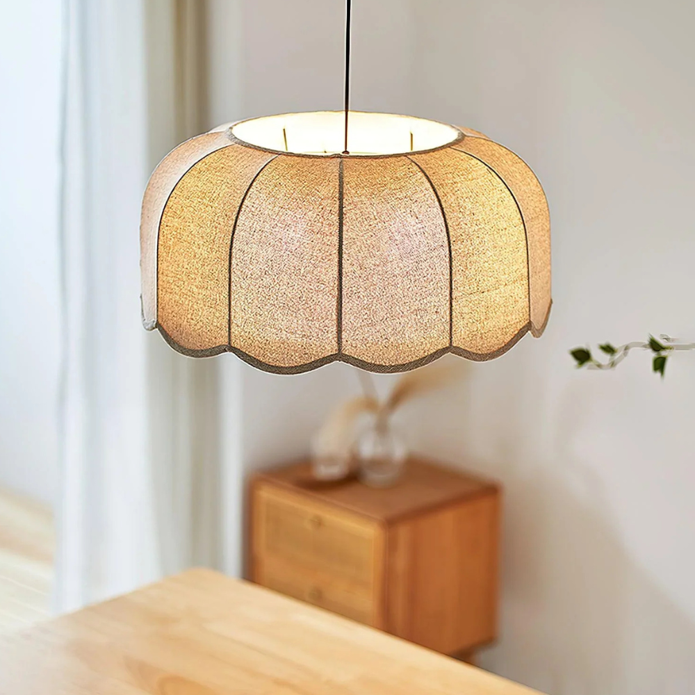 Scalloped Fabric Pendant Lamp - Modern Boho Beige Striped Ceiling Light