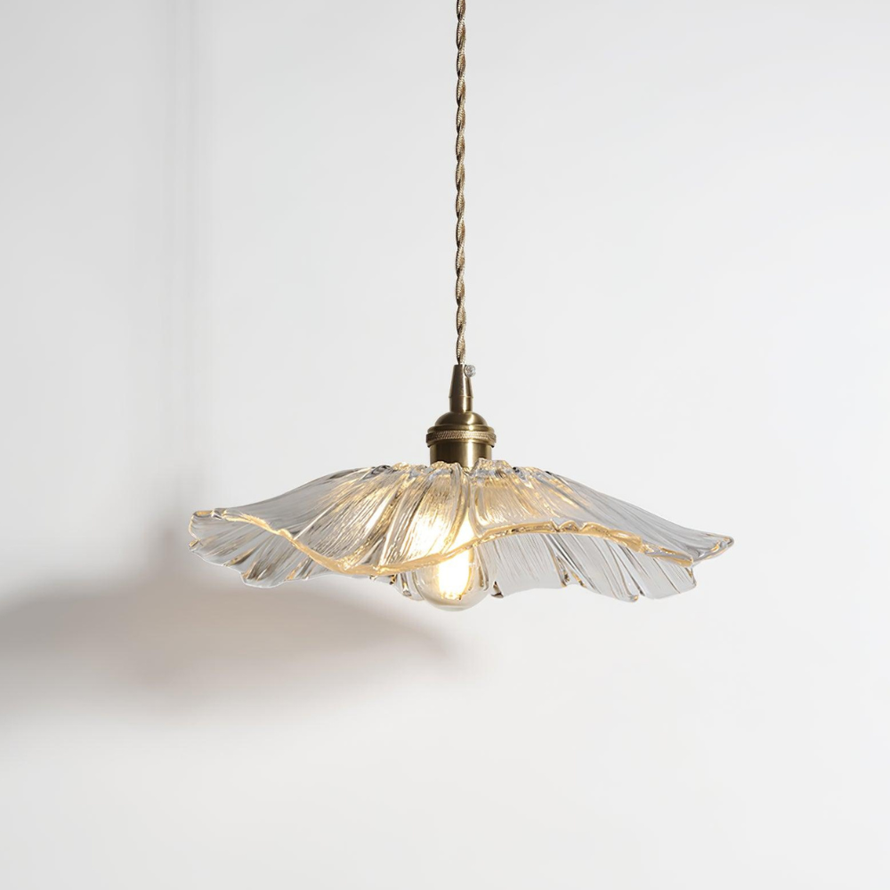 Ribbed Glass Flower Petal Pendant Light with Copper Hardware – Vintage Mid Century Style
