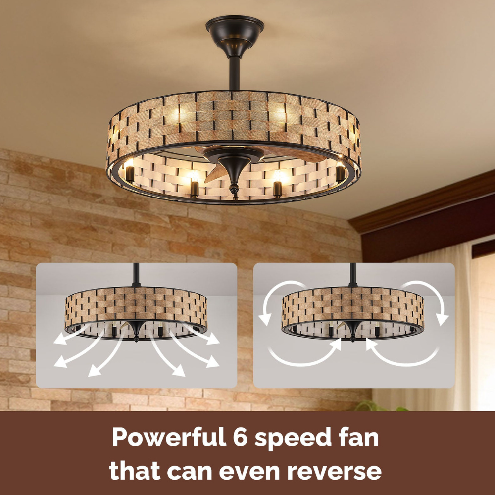 LED-Deckenventilator mit gewebtem Trommelschirm und Käfigrahmen – Bauernhausstil