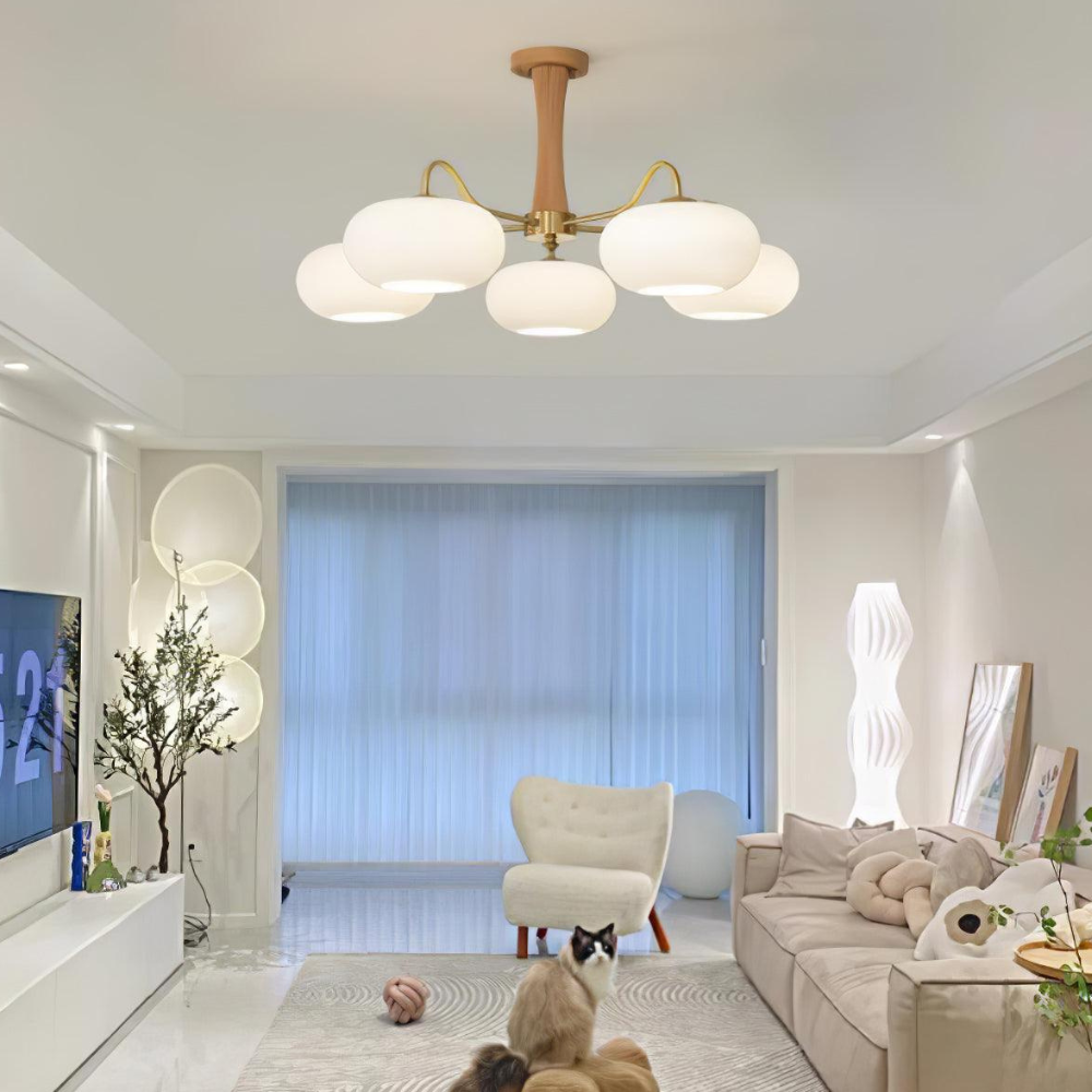 Chandelier with Walnut Wood and Persimmon Glass Shades - Modern Mid Century