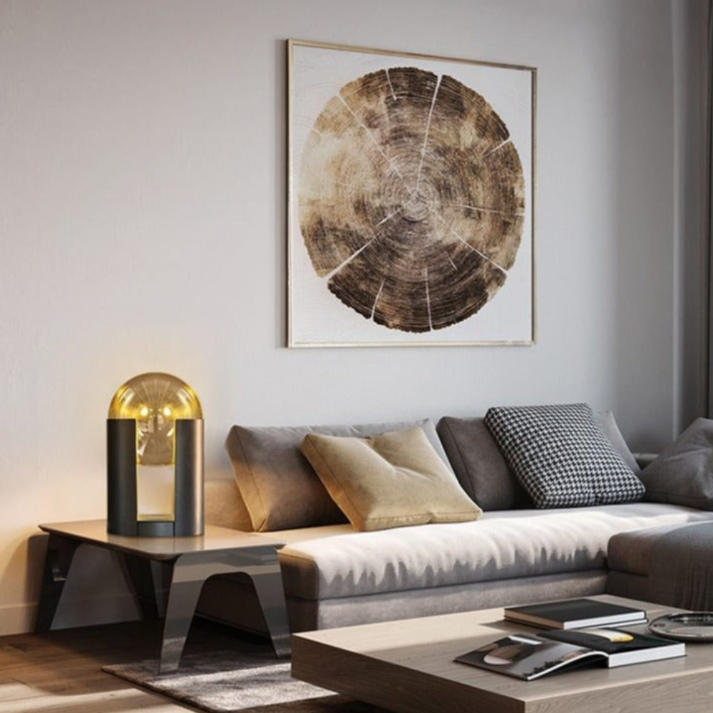Postmoderne Tischlampe aus bernsteinfarbenem Glas – Matte schwarze Zylinder-Kuppelleuchte