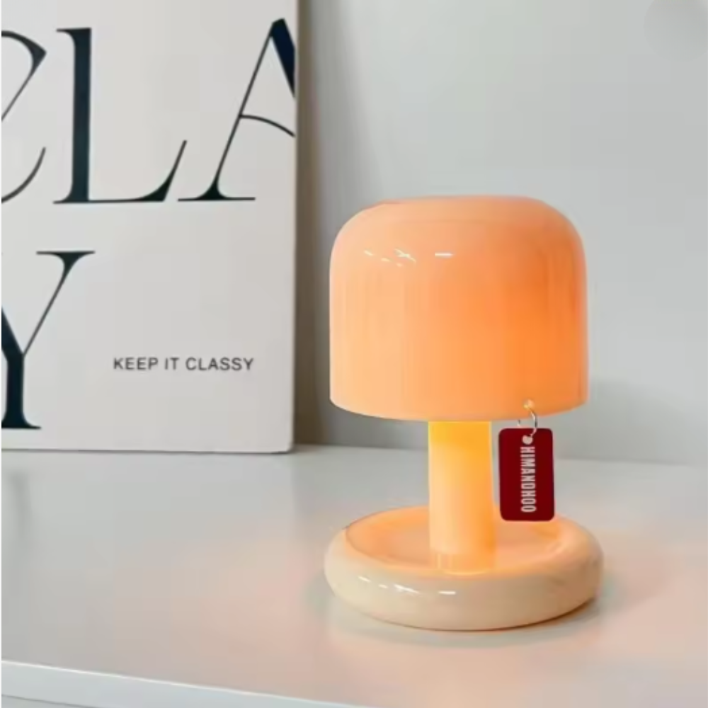 Mushroom Table Lamp with Orange Dome Shade - Modern Mid Century