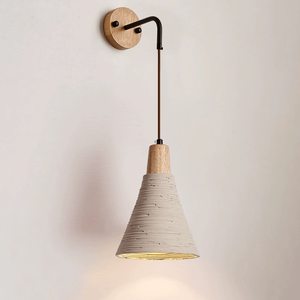 Wall Sconce with Textured Cement Shade and Wood Cap - Modern Japandi