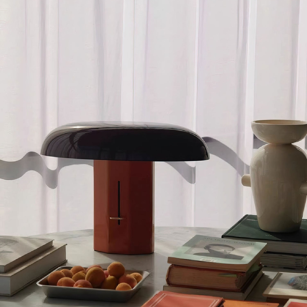 Mushroom Table Lamp with Slanted Shade and Dimmer Switch - Mid Century