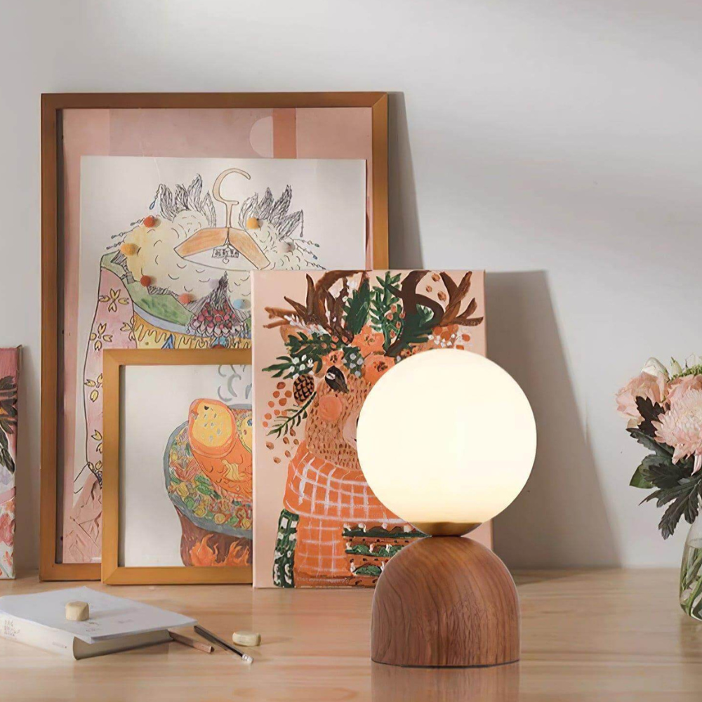 Glass Globe Table Lamp with Wood Base - Mid Century Modern Style