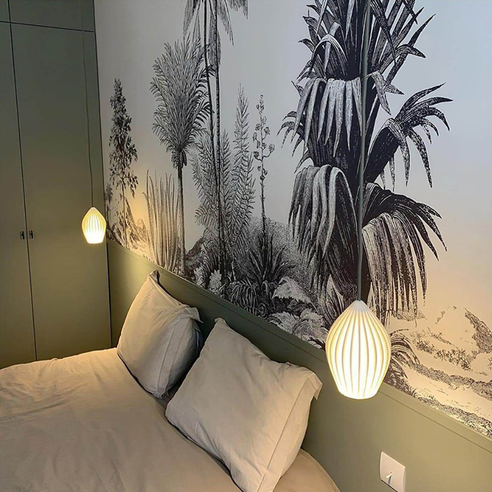 Ceramic Pendant Light with Ribbed Teardrop Shade - Modern Coastal