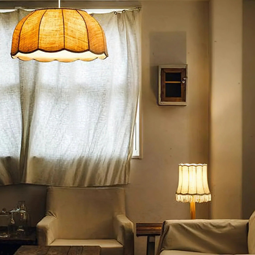 Scalloped Fabric Pendant Lamp - Modern Boho Beige Striped Ceiling Light