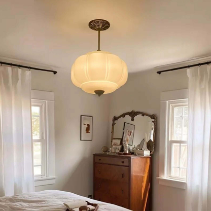 Ribbed Pumpkin Hanging Lamp with Ornate Metalwork - Mid Century Design