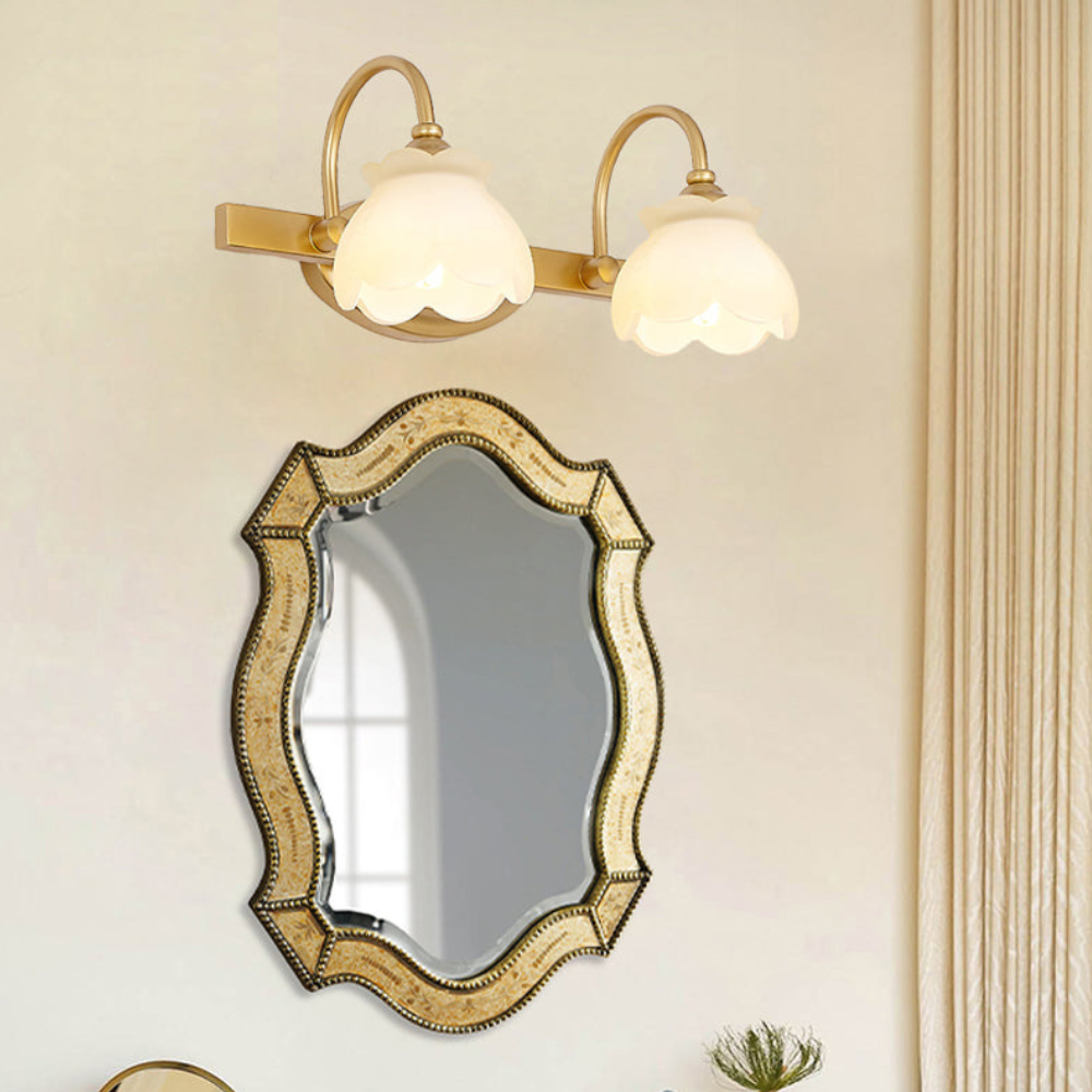 Bathroom lights above mirror with Arched Brass Arms and Frosted Glass - Colonial