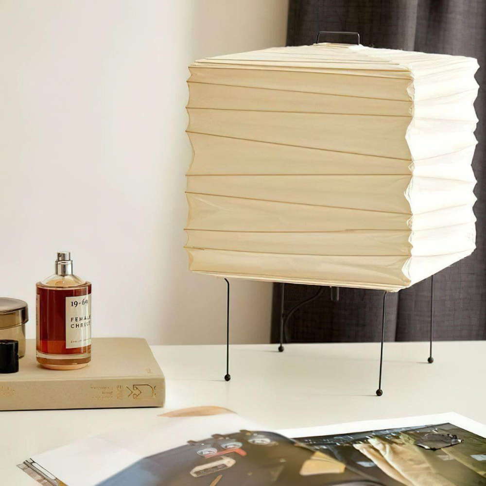 Japanese Paper Lantern Table Lamp with Metal Handle - Wabi Sabi Design