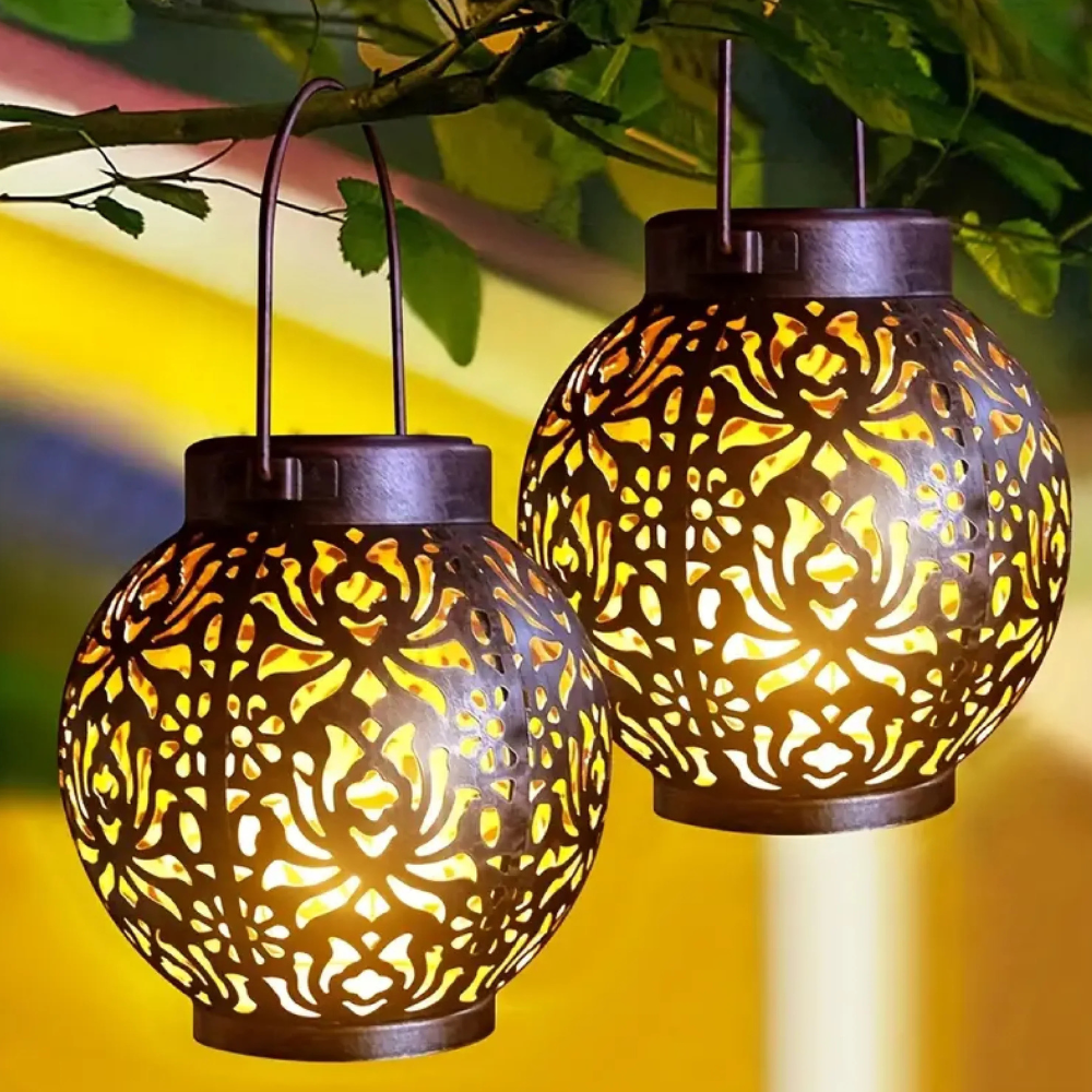 Solar Powered Lantern with Metal Floral Cutout Pattern - Boho Moroccan