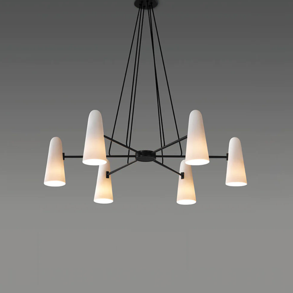 Lustre avec abat-jours en verre conique et cadre métallique - Moderne milieu du siècle
