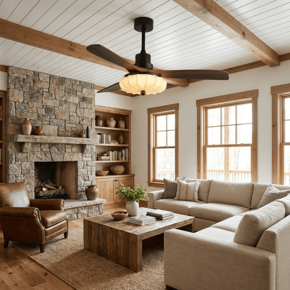 Deckenventilator mit Licht und handgefertigtem Lotus-Schirm aus Stoff – ruhiger moderner Stil