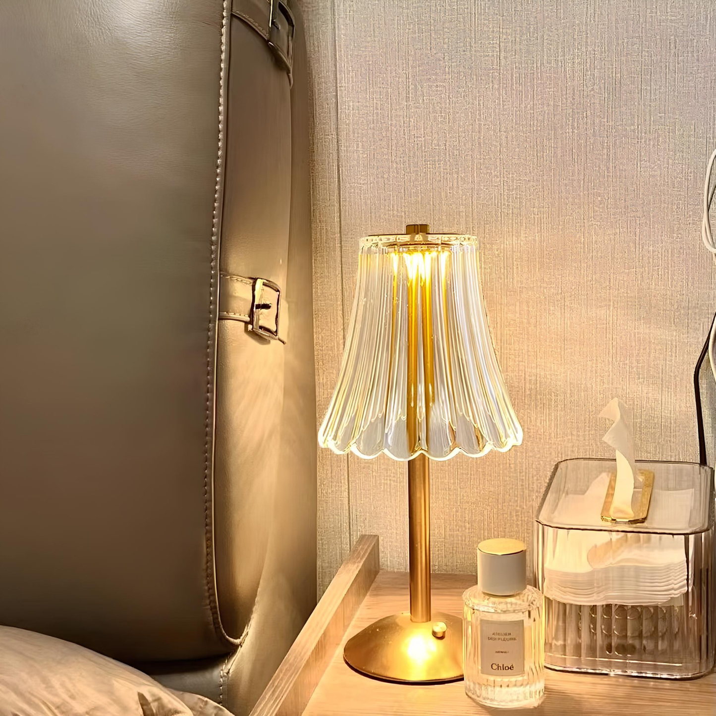 Ribbed Glass Cordless Crystal Table Lamp