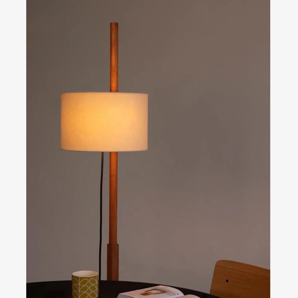Vintage floor lamp with Fabric Shade and Artisanal Wooden Pole - Contemporary Sconce